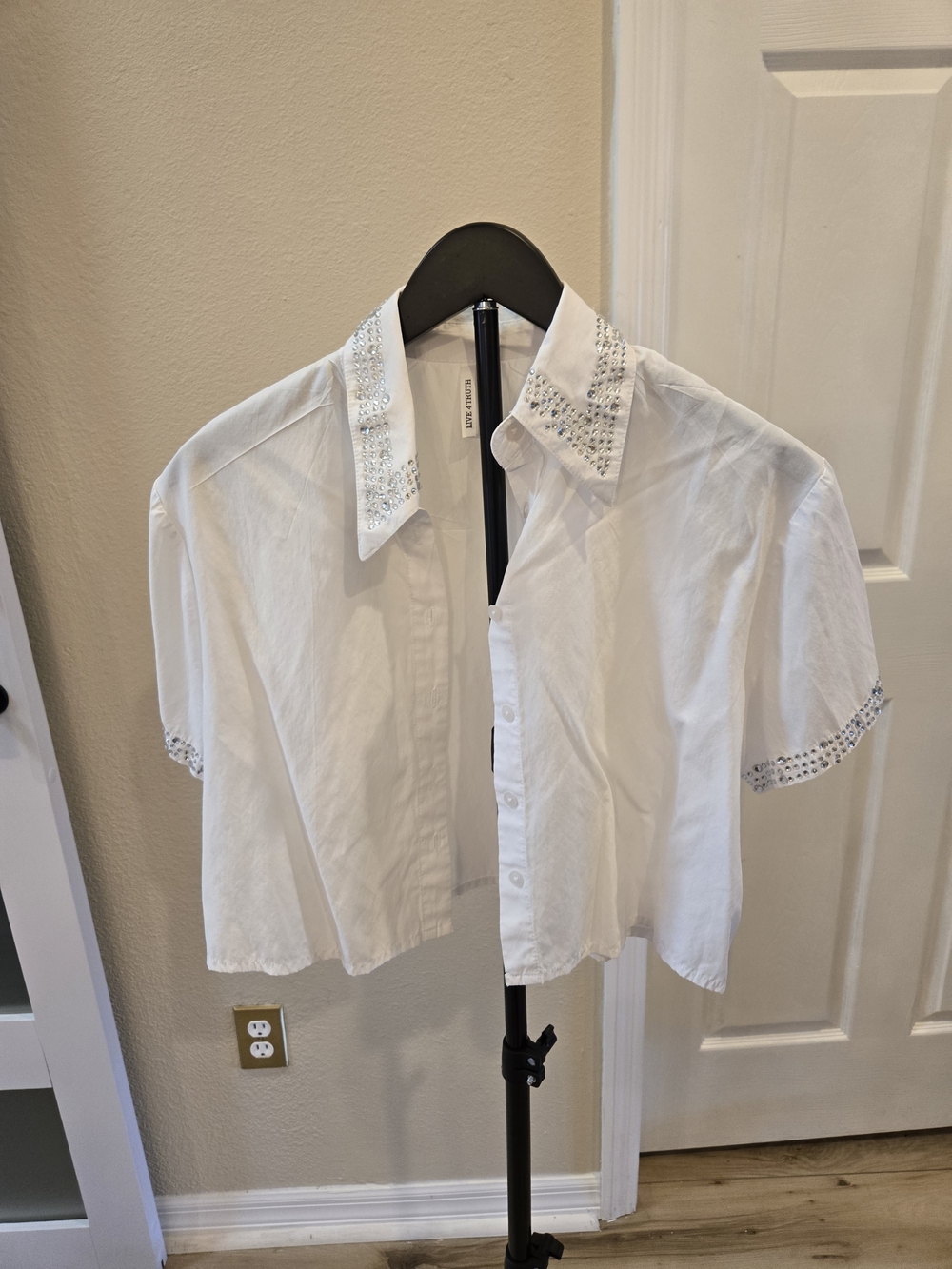 Embellished White Cropped Button-Up Shirt